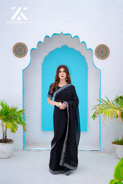 Black Rhinestones Saree  ZK-001