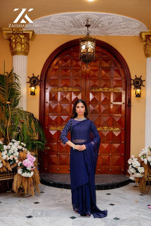Navy Blue Embroidered Blouse Saree ZK-0010