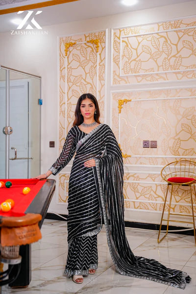 Black Silver Sequins Saree ZK-0016