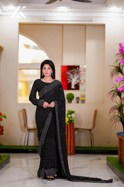 Black All Over Crystals Saree ZK-0017