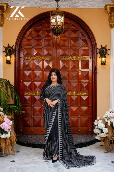 Black Silver Striped Rhinestones Saree ZK-0019