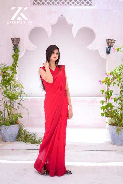Red Glass Stones Saree Full Stones ZK-002