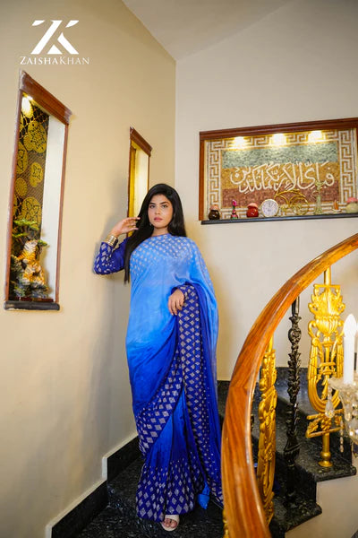 Blue Tie & Dye Diamantes Borders Saree ZK-0023