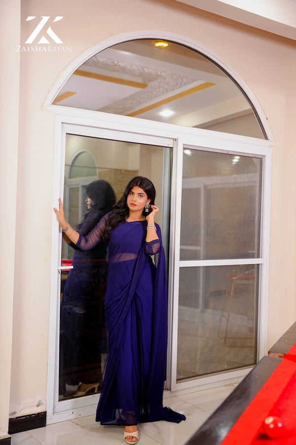 Navy Blue Chiffon Saree ZK-0025