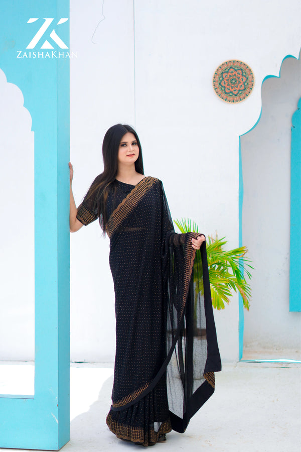 Black Gold Glass Stones Saree ZK-003