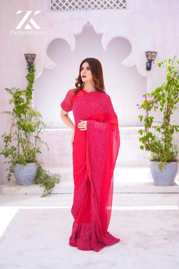 Red Chiffon Rhinestones Borders Saree ZK– 004