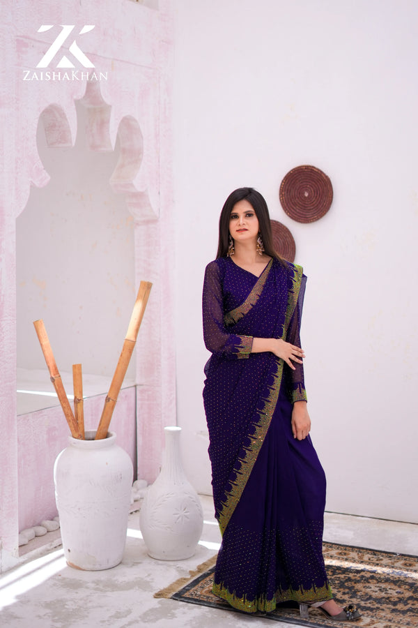 Green AB Glass Stones Saree ZK-005