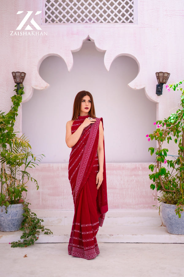 Maroon Beads & Rhinestones Embellished Saree ZK-006