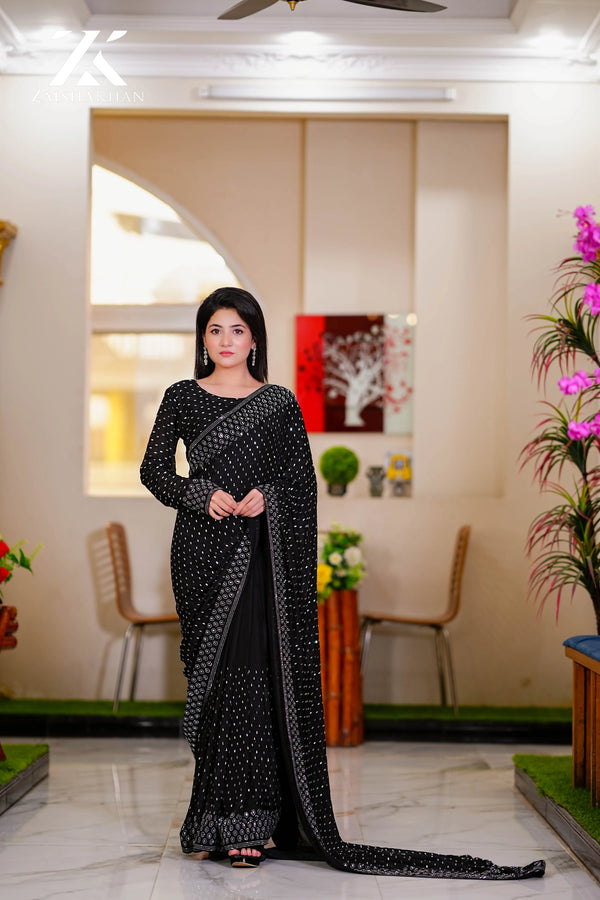 Black All Over Crystals Saree ZK-0017
